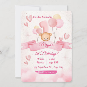 Convites Urso de Aguarela Rosa Aniversário de 1 Ano Menina