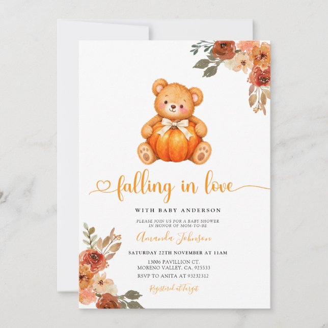 Convites Urso de Amor no Chá de Bebê de Abóbora (Frente)