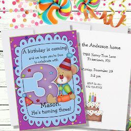 Convites Urso de Aniversário Bonito Convide 3 Anos