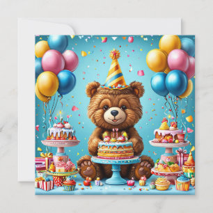 Convites Urso de aniversário com bolo e balões