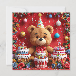 Convites Urso de aniversário com bolo e balões