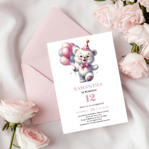 Convites Urso de Aniversário de Menina Rosa Balões de Marfi