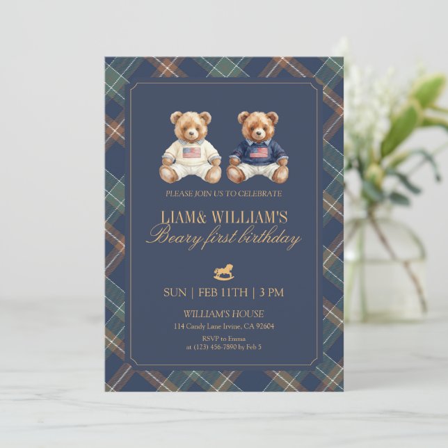 Convites Urso de aniversário de um ano de meninos gêmeos Be (Em pé/Frente)
