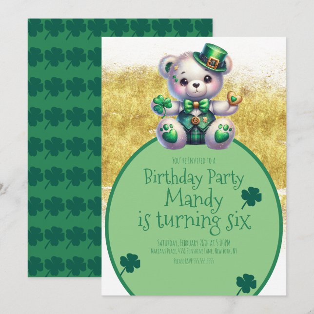 Convites Urso de aniversário dourado verde do dia de São Pa (Frente/Verso)