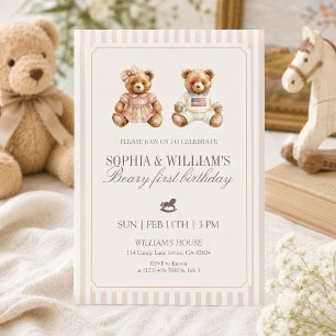 Convites Urso de aniversário gêmeos neutro Teddy Bear