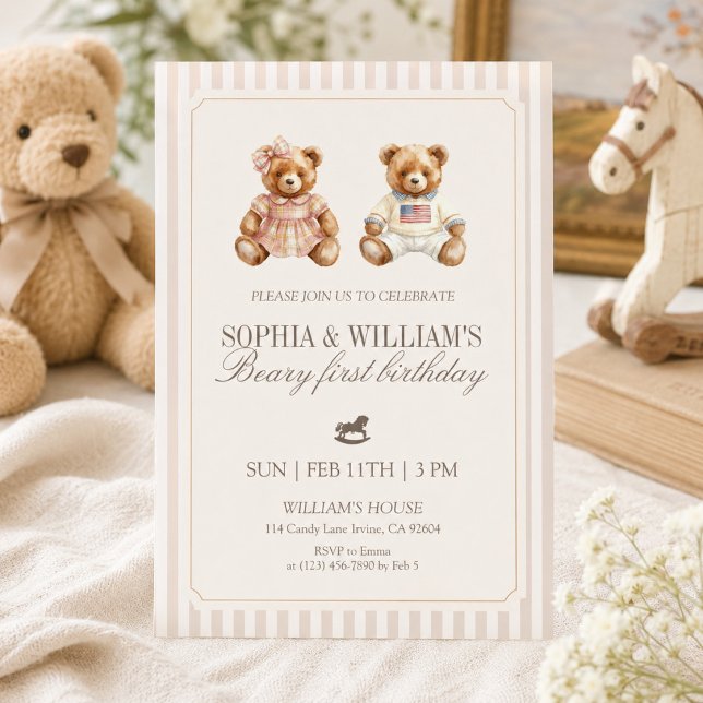 Convites Urso de aniversário gêmeos neutro Teddy Bear (Criador carregado)