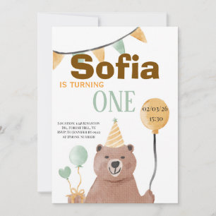 Convites Urso de Aquarela Caprichosa de 1º Aniversário
