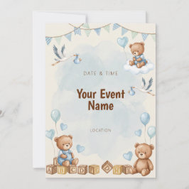 Convites Urso de Aquarela Grou Bloco de Madeira Azul