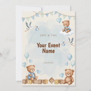 Convites Urso de Aquarela Grou Bloco de Madeira Azul