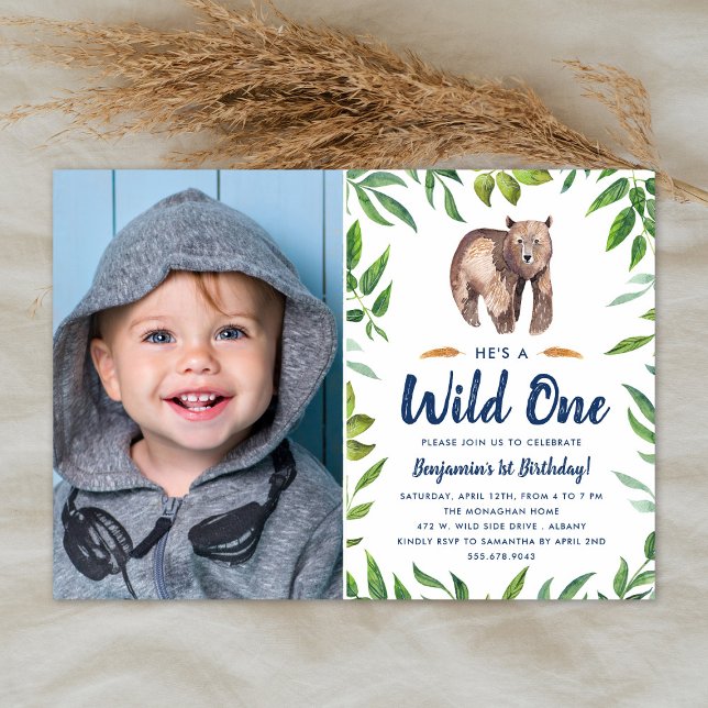 Convites Urso de Aquarela Selvagem Um | Festa de aniversári (Criador carregado)