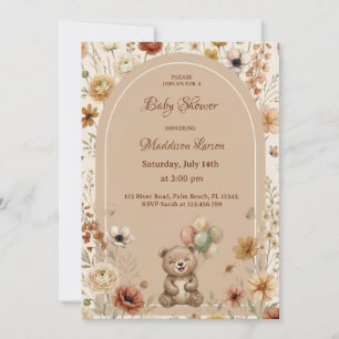 Convites Urso de Arquitetura Floral Boho Neutro em Creme