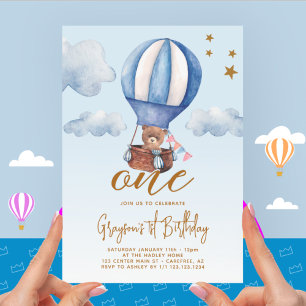 Convites Urso de Balão de Ar Quente Aniversário de 1 Ano
