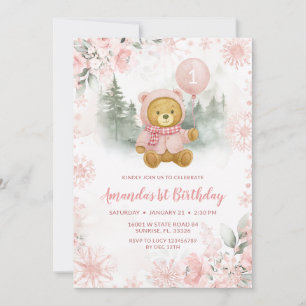 Convites Urso de Balão Rosa Dourado de Inverno Aniversário 