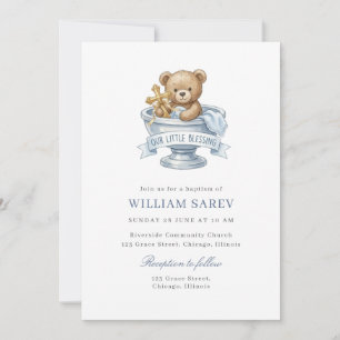 Convites Urso de Batismo em Aquarela Azul Doce