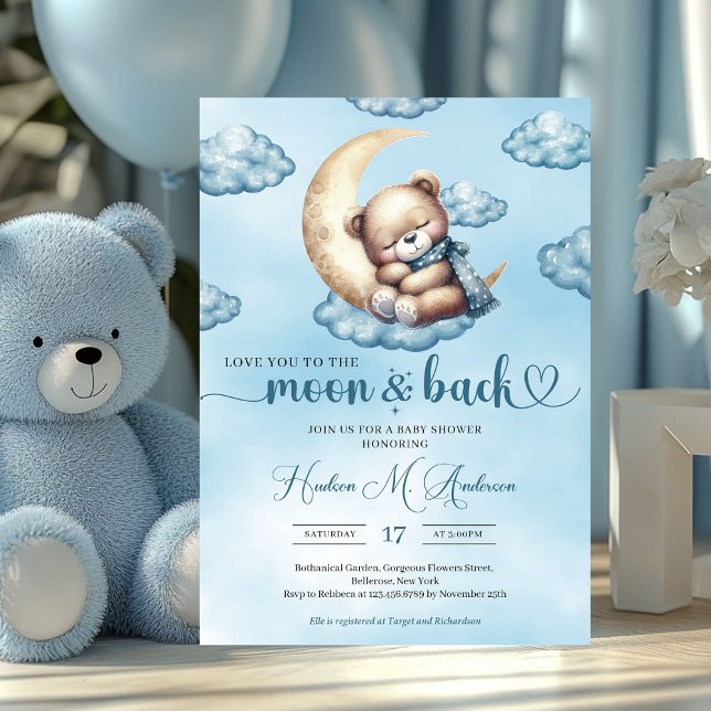 Convites Urso-de-cabeça-branca, azul-d-água, e ursinho-de-p (love you to the moon and back - boy baby shower invitation)