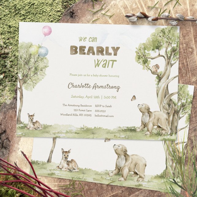 Convites Urso de Conto de Fadas em Verde Salvia Quase Esper (Storybook Woodland Bearly Wait Baby Shower Invitation ©Susanne Sachers - Sunny Mind 🌞)