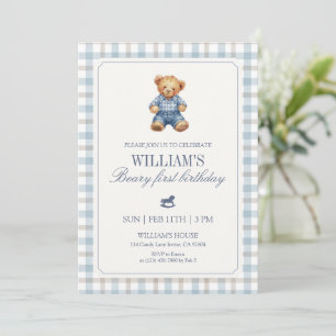 Convites Urso de Ginga Azul Beary Primeiro Aniversário Meni