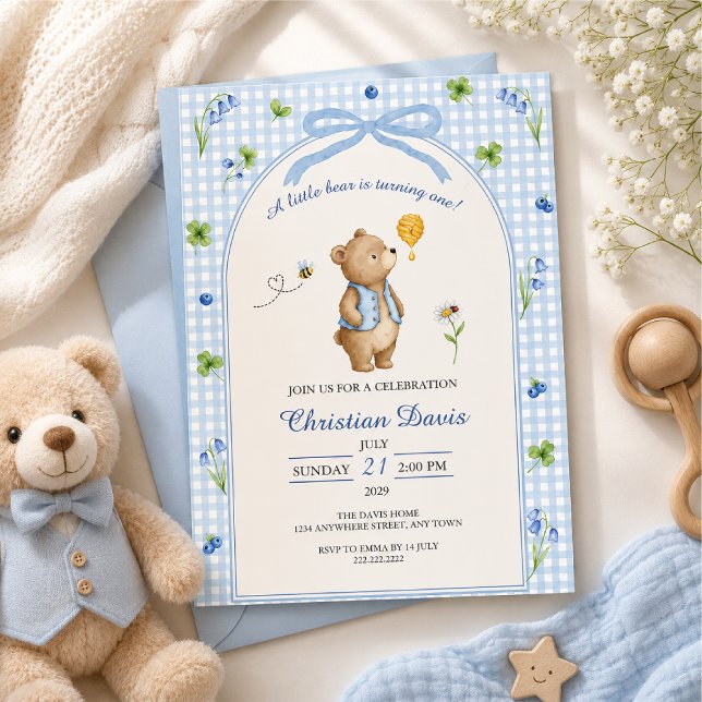 Convites Urso de Ginga Azul Primeiro Aniversário (Criador carregado)