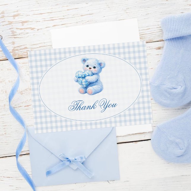Convites Urso de Gingham Azul Churrasco de Bebê Neutro (Criador carregado)