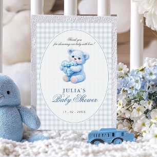 Convites Urso de Gingham Azul Churrasco de Bebê Neutro