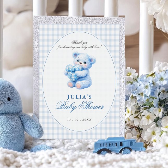 Convites Urso de Gingham Azul Churrasco de Bebê Neutro (Criador carregado)