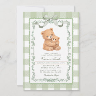 Convites Urso de Gingham Verde Sage Mãe e Bebê
