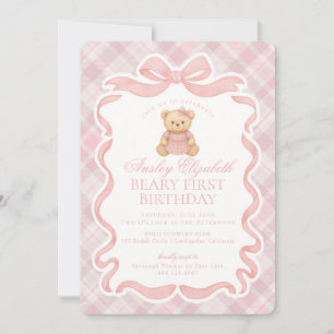 Convites Urso de Laço Coquete Rosa Aniversário de Um Ano