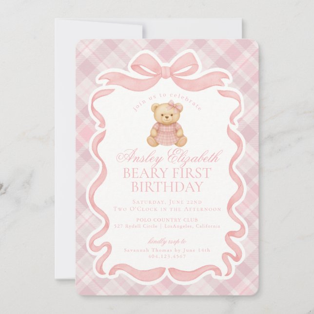 Convites Urso de Laço Coquete Rosa Aniversário de Um Ano (Frente)