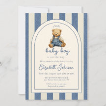 Urso de Macacão de Jeans QR Code Chá de Bebê Menin