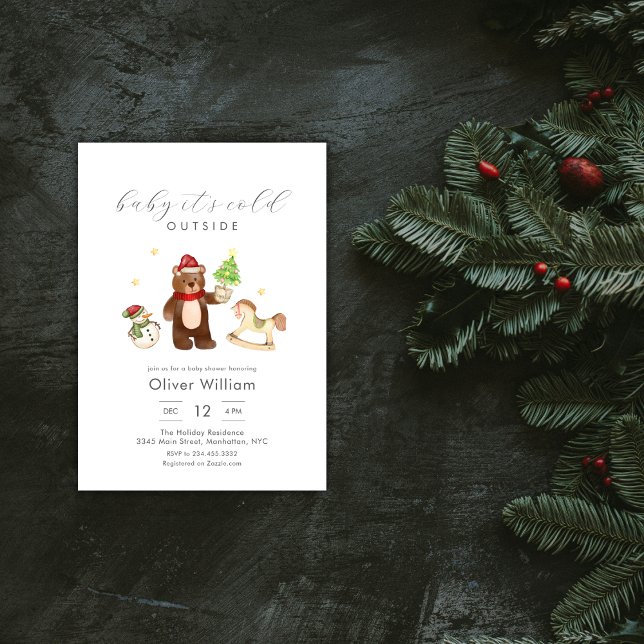 Convites Urso de Madeira de Inverno Chuveiro de Bebê Boneco (Winter Woodland Teddy Bear Snowman Baby Shower Invitation)