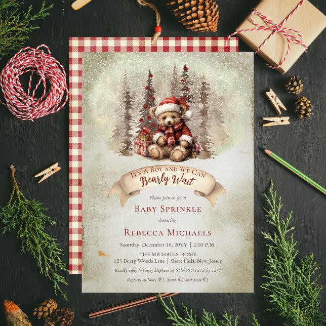 Convites Urso de Madeira Esperando Feriado Bebê Sprinkle ("It's A Boy and We Can Bearly Wait" Baby Sprinkle rustic woodland Christmas invite design)