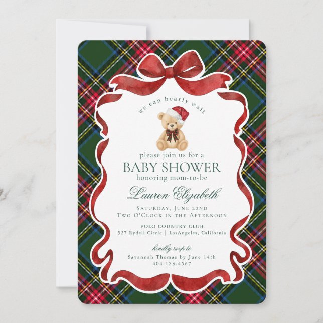 Convites Urso de Natal em Xadrez Verde Baby Shower (Frente)
