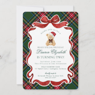 Convites Urso de Natal em Xadrez Verde Tartan de Aniversári