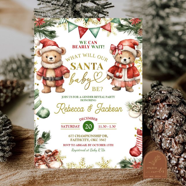 Convites Urso de Natal Santa Bebê Revelação de Gênero  (Criador carregado)