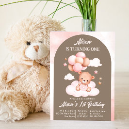 Convites Urso de peluche rosa e castanho com festa de balõe