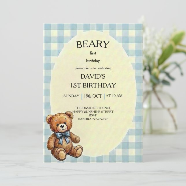 Convites Urso de Pelúcia 1º Aniversário (Em pé/Frente)