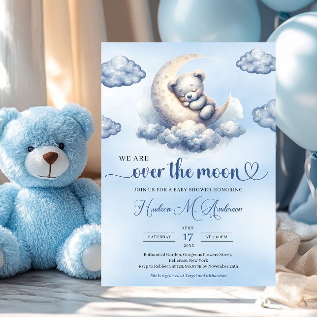 Convites Urso de pelúcia aquosa sobre o Chá de fraldas da l (we are over the moon boy baby shower invitation with teddy bear)