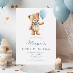 Convites Urso de Pelúcia Azul Aniversário de 1 Ano