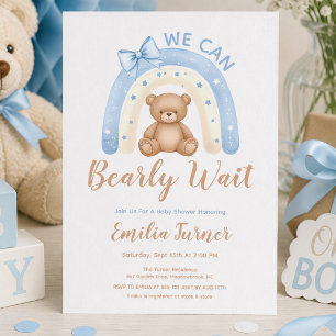 Convites Urso de Pelúcia Azul Arco-íris Menino Chá de Bebê 