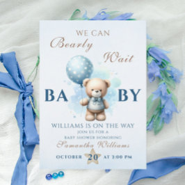 Convites Urso de Pelúcia Azul Balão Baby Shower Quase