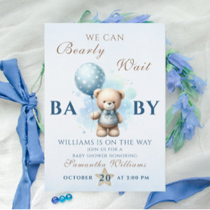 Convites Urso de Pelúcia Azul Balão Baby Shower Quase