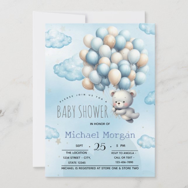 Convites Urso de pelúcia azul balões nuvens Baby Chá de Beb (Frente)