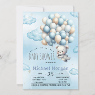 Convites Urso de pelúcia azul balões nuvens Baby Chá de Beb