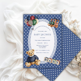 Convites Urso de pelúcia azul e branco com bolinhas, brinqu