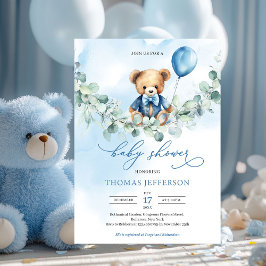 Convites Urso de pelúcia azul e castanho com balão