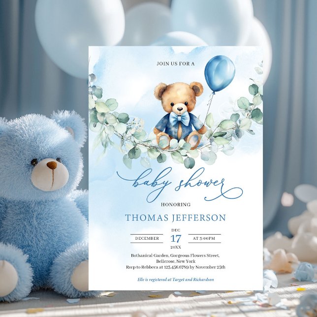 Convites Urso de pelúcia azul e castanho com balão (boy baby shower invitation with teddy bear with blue balloon on eucalyptus swing)