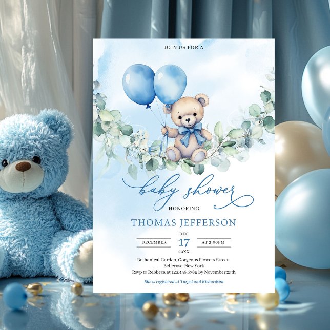Convites Urso de pelúcia azul e castanho com balões (boy baby shower invitation with teddy bear)