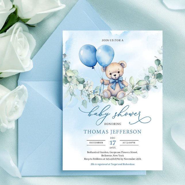 Convites Urso de pelúcia azul e marrom aquarela com balões (Watercolor blue and brown teddy bear with balloons invitation)