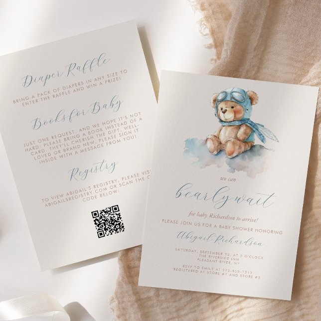 Convites Urso de Pelúcia Azul Fofo Código QR Festa de Bebê  (Criador carregado)