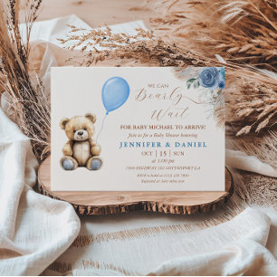 Convites Urso de pelúcia azul rústico, balão, floral para c